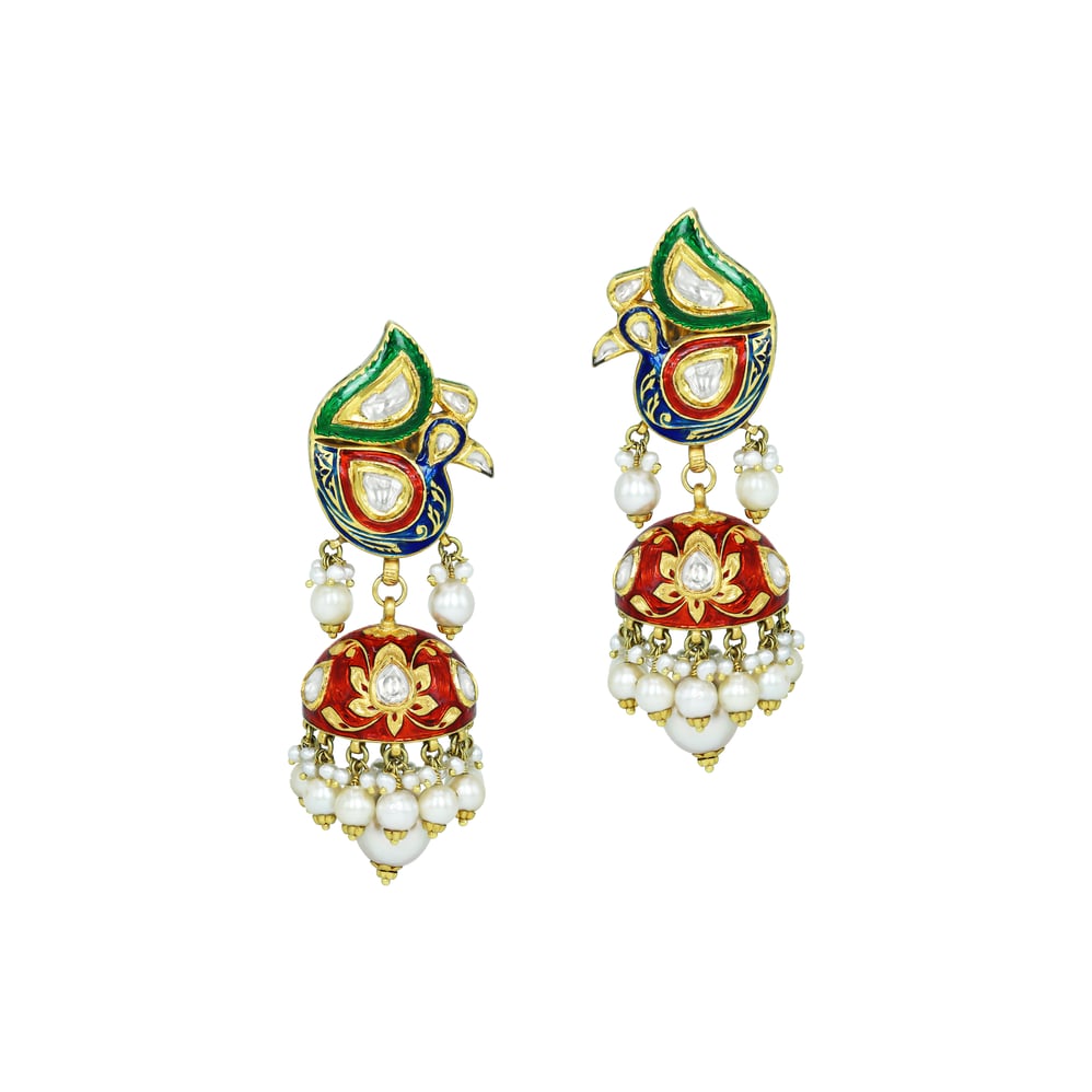 Peacock Motif Enamel Necklace Set with Polki and Pearl Drops